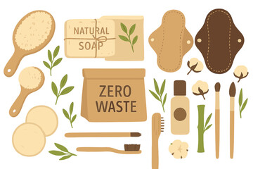 Zero Waste Products set for beauty and hygiene including a brush, natural soap, organic packaging, menstrual cloths, pads, and makeup accessories made with bamboo and cotton decoratives, promoting