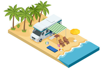 Tropical island with a camper trailer, palm trees, deck chairs, beach ball, lifebuoy, and orange flag. Summer vacation and travel concept in flat isometric style.