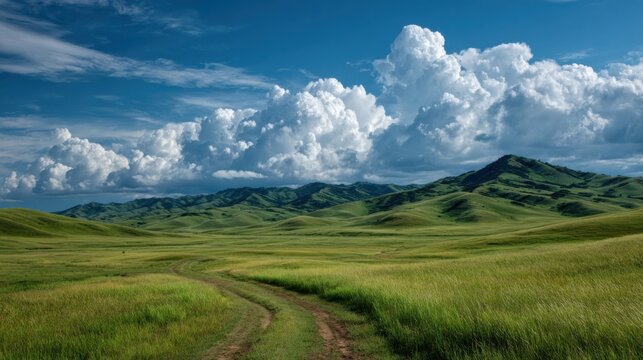A large, open field with a dirt road running through it. The sky is cloudy, but the sun is still shining through. Scene is peaceful and serene, with the vast expanse of grass