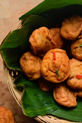 Overhead view of Akara on plantain leaf, top view of nigerian akara fried beans cake