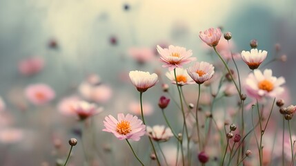 Soft pink wildflowers in dreamy meadow with vintage tones.