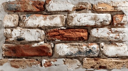 A brick wall with white bricks and brown bricks. The wall is old and has a rustic look