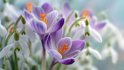 Naklejka premium Close-up shot of vibrant purple crocus flowers under sunlight. Delicate petals, yellow stigmas, green stems. Spring bloom, nature background, season change
