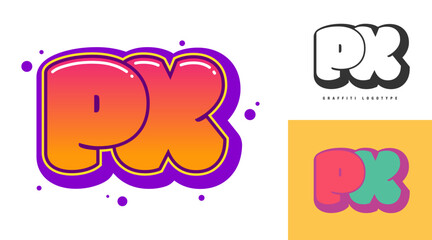 PX logo design for festival or party. Initial letter p and x in graffiti style. Creative modern lettering company name of font typography. Kids trendy logotype or identity.
