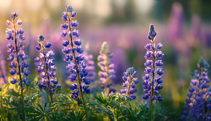 Fototapeta premium Field of vibrant blue purple lupine flowers bloom under the sun during spring. Lush green meadow background with soft focus