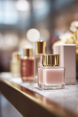 Elegance captured A selection of perfume bottles with golden accents displayed on a marble surface. Ideal for beauty, luxury, or fashion related designs.