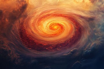 Fiery cosmic swirl, a vibrant nebula with swirling orange and red hues, creating a mesmerizing celestial vortex.