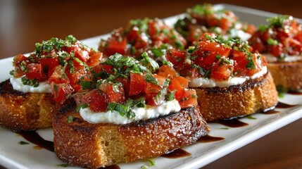 A plate of bread with a variety of toppings, including tomatoes and basil. The bread is browned and looks delicious