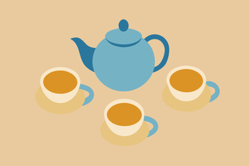 Ceramic Tea Set on Linen Background Top View