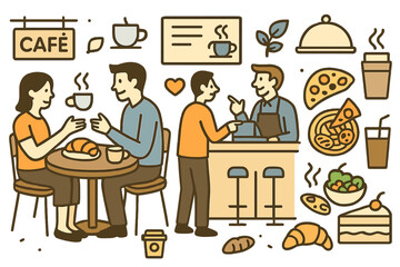 Basic RCafe features a charming vector illustration depicting individuals seated in a restaurant, a man placing an order at the bar, a kitchen table laden with food, and numerous objects related to a