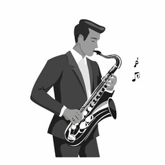 Naklejka premium Man playing saxophone in a stylized illustration vector image on white background.