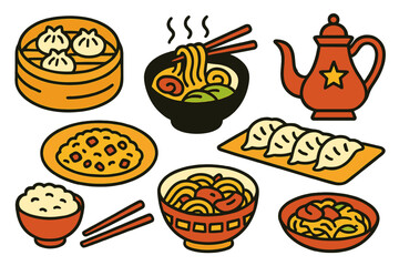 Chinese cuisine is represented by a vector illustration of a traditional Asian dinner meal and lunch from China that is delicious