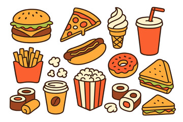 Vector illustrations of fast food items and beverages, including hamburgers, pizzas, hot dogs, cheeseburgers, coffee, soda, ice cream, french fries, popcorn, donuts, rolls, and sandwiches, are drawn