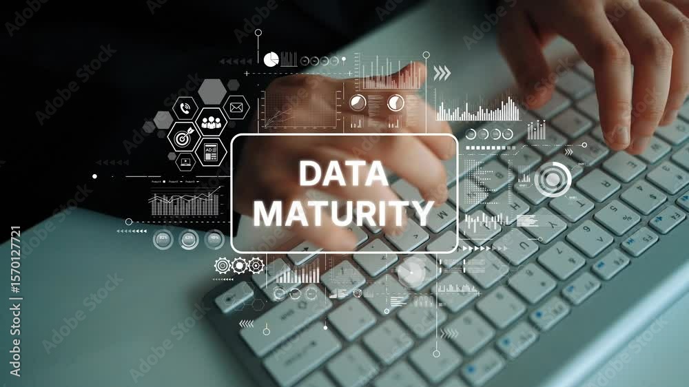Poster high-tech data maturity concept with hands typing on keyboard and digital graphics in modern office 
