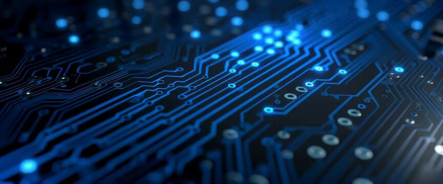 Blue circuit board background vector illustration with glowing elements on a dark blue background Generative AI