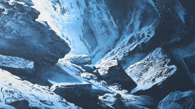 fractured iconography. | sharp edge masking | mid-century advertising | brutalist graphics | Screenprint style glacial cavern in cinegraph medium. silkscreen print
