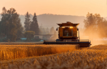 Fototapeta premium combine harvester in the field, golden wheat at sunset