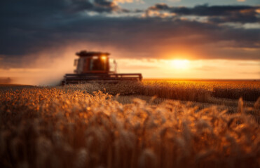 combine harvester in the field, golden wheat at sunset