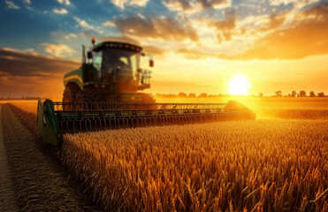 Fototapeta premium combine harvester in the field, golden wheat at sunset