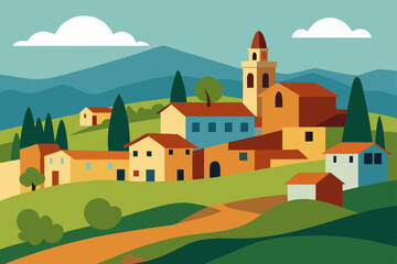 Naklejka premium Oil Painting of Peaceful Tuscany Village