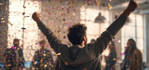 The joyous celebration with confetti and cheerful friends in a vibrant atmosphere.