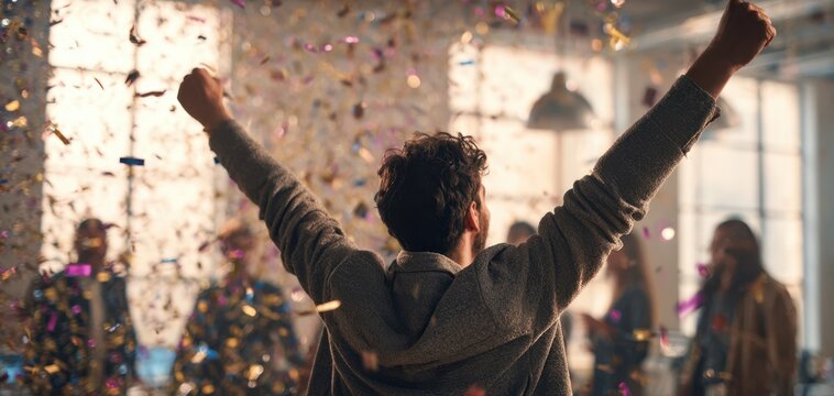 The joyous celebration with confetti and cheerful friends in a vibrant atmosphere.