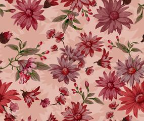 Tropical exotic flowers seamless pattern. Naive hand drawn flowers and leaves. Jungle bananas, hand painted palms, leopard spots. Vector summer vacation textile design, wallpaper, background, print.