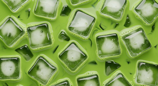 iced matcha green tea background with ice cubes, top view