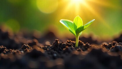 Planting a Tiny Seed A Delicate Act of Spring Planting in Dark Soil, Bathed in Sunlight, Symbolizing New Life and Growth.