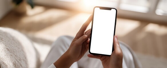 The smartphone held in hands with a blank screen in a cozy interior setting.