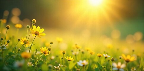 Sun-Drenched Wildflowers A Whimsical Spring Meadow, Pastel Petals bathed in Soft Yellow Light, Perfect for Childhood Innocence and Magic