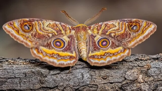 Owl Moth on Bark with Closeup.