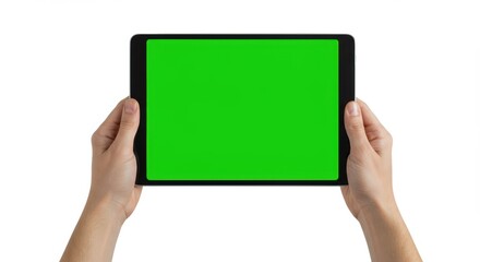 Tablet held by hands featuring green screen provides a modern device mockup for presentation with digital technology