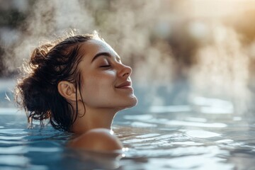 Obraz premium Woman Relaxing in Water with Eyes Closed, Surrounded by Steam, Spa, Wellness, and Calmness.