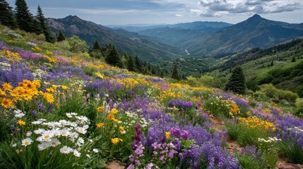A beautiful, colorful field of flowers with a mountain in the background. The flowers are in full bloom and the sky is clear