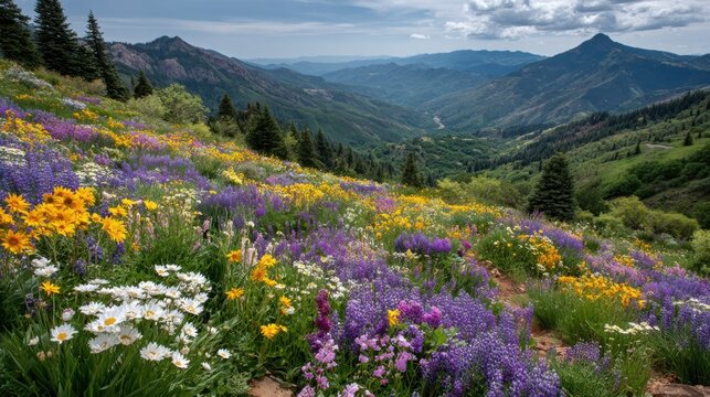 A beautiful, colorful field of flowers with a mountain in the background. The flowers are in full bloom and the sky is clear