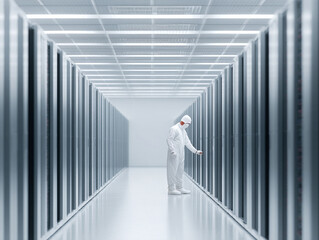 A lone figure in sterile suit works among server racks. Futuristic data center, advanced technology, cleanroom environment. Conveys security, innovation, computing.