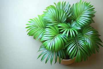 Gardening or plant care content. Potted palm tree with wide, green leaves on a white background. Top view. Palm tree with fleshy leaves.