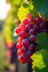 Sunlit Ripe Red Grapes Ready for Harvest A Close-up View of Juicy Fruit Hanging on the Vine, Perfect for Winemaking and Tasting at a Farm