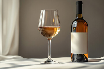Premium beverage Wine Glass with white wine and a bottle of wine with a blank label next to it. Mockup for wine industry branding.