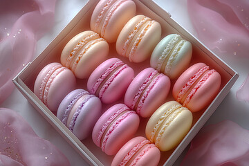 Celebration and Party. Various colored macaron in box with soft lighting. Top view.