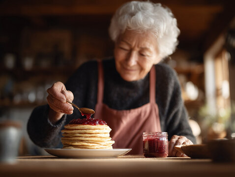 Cozy scene of an elderly woman topping a stack of pancakes with homemade jam. Warm, nostalgic, and inviting. Represents home, comfort, and simple pleasures.