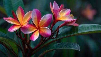 Fototapeta premium A group of flowers with pink and yellow petals. The flowers are on a green leaf
