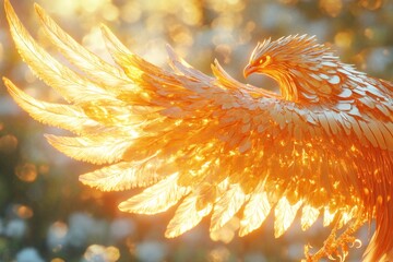 Fiery Phoenix Bird with Golden Wings, Dramatic Light, Mythological Creature, Close Up, Bright