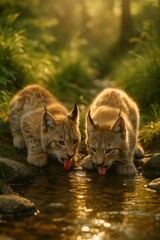 Obraz premium Two young lynx kittens drinking water in forest stream at sunset