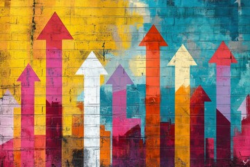 Colorful Painted Arrows Rising on a Brick Wall, Representing Growth, Progress, and Achievement.