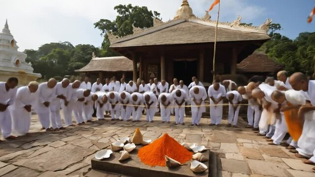 Solemn Gathering: Religious Ceremony at an Ancient Temple in a Lush Forest