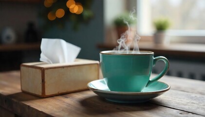 Steaming Mug and Tissues on Rustic Wood Cozy Winter Comfort, Cold and Flu Remedy