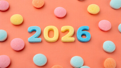 Bold “2026” in Candy Colors on Bright Background
