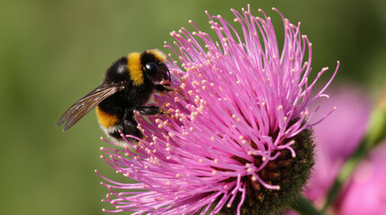 Bee on pink bloom in sunlight.